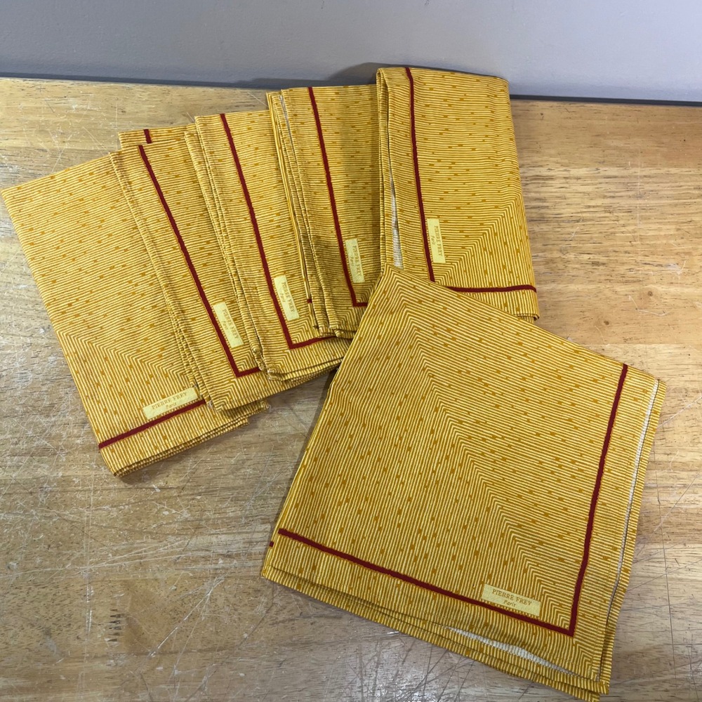 Pierre Frey Paris Napkins Set 6 Yellow Red Vtg French Cotton Geometric 18.5in EX